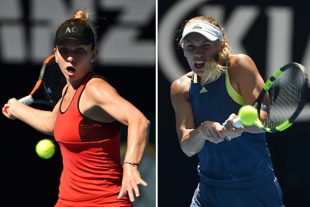 (FILES) This combination of file photographs created on January 25, 2018, shows (L) Romania's Simona Halep as she hits a return against Germany's Angelique Kerber during their women's singles semi-finals match on day 11 of the Australian Open tennis tournament in Melbourne on January 25, 2018 and (R) shows Denmark's Caroline Wozniacki as she hits a return against Belgium's Elise Mertens during their women's singles semi-finals match on day 11 of the Australian Open tennis tournament in Melbourne on January 25, 2018.



Simona Halep survived a three-set thriller against Angelique Kerber to set up a winner-takes-all Australian Open final against Caroline Wozniacki, on January 27, 2018, where the number one ranking will be on the line. / AFP PHOTO / Peter PARKS / -- IMAGE RESTRICTED TO EDITORIAL USE - STRICTLY NO COMMERCIAL USE --        (Photo credit should read PETER PARKS/AFP/Getty Images)