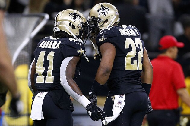 NEW ORLEANS, LA - JANUARY 07:  Alvin Kamara #41 of the New Orleans Saints and Mark Ingram #22 celebrate during the NFC Wild Card playoff game against the Carolina Panthers at the Mercedes-Benz Superdome on January 7, 2018 in New Orleans, Louisiana.  (Photo by Jonathan Bachman/Getty Images)