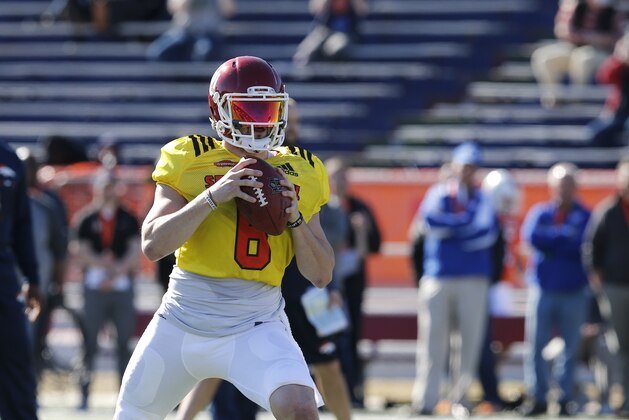 North squad quarterback Baker Mayfield of Oklahoma in action during the North team's practice for Saturday's Senior Bowl college football game in Mobile, Ala.,Thursday, Jan. 25, 2018.(AP Photo/Brynn Anderson)