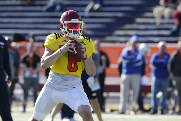 North squad quarterback Baker Mayfield of Oklahoma in action during the North team's practice for Saturday's Senior Bowl college football game in Mobile, Ala.,Thursday, Jan. 25, 2018.(AP Photo/Brynn Anderson)