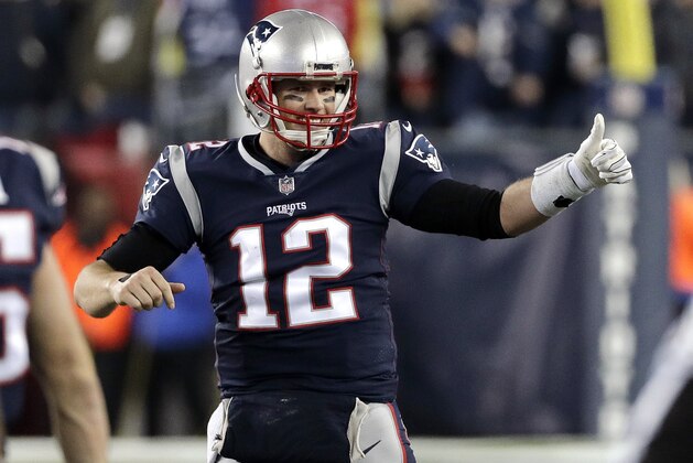 New England Patriots quarterback Tom Brady reacts during the second half of the AFC championship NFL football game against the Jacksonville Jaguars, Sunday, Jan. 21, 2018, in Foxborough, Mass. (AP Photo/David J. Phillip) New England Patriots quarterback Tom Brady reacts during the second half of the AFC championship NFL football game against the Jacksonville Jaguars, Sunday, Jan. 21, 2018, in Foxborough, Mass. (AP Photo/David J. Phillip)