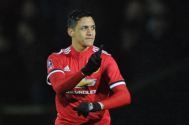 Manchester United's Chilean striker Alexis Sanchez gestures during the FA Cup fourth round football match between Yeovil Town and Manchester United at Huish Park in Yeovil, Somerset on January 26, 2018. / AFP PHOTO / - / RESTRICTED TO EDITORIAL USE. No use with unauthorized audio, video, data, fixture lists, club/league logos or 'live' services. Online in-match use limited to 75 images, no video emulation. No use in betting, games or single club/league/player publications.  /         (Photo credit should read -/AFP/Getty Images)