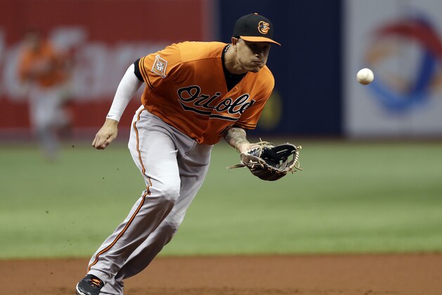 FILE - In this Sept. 30, 2017, file photo, Baltimore Orioles third baseman Manny Machado fields a ground ball by Tampa Bay Rays' Wilson Ramos during the first inning of a baseball game in St. Petersburg, Fla. The hot corner figures to be smoking Friday, Jan. 12, 2018, when players and team swap proposed salaries in arbitration. Toronto's Josh Donaldson, Washington's Anthony Rendon, Chicago Cubs' Kris Bryant and Machado were among the more than 170 players headed to the exchange.  (AP Photo/Chris O'Meara, File)