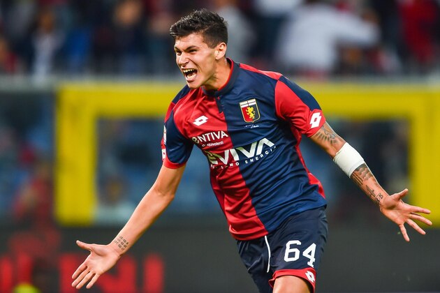 FILE - In this Sunday, Sept. 17, 2017 file photo,  Genoa's Pietro Pellegri celebrates after scoring, during the Serie A soccer match between Genoa and Lazio, at the Luigi Ferraris Stadium in Genoa, Italy. Pietro Pellegri, the 16-year-old sensation of Serie A, is grabbing the attention of some of the biggest clubs in Europe. But Genoa is not interested in letting him go. The Genoese want to enjoy him while they can. Pellegri became the youngest player in Italian league history to score a brace when he bagged both goals for Genoa in a 3-2 loss to Lazio on Sunday. (Simone Arveda/ANSA via AP)