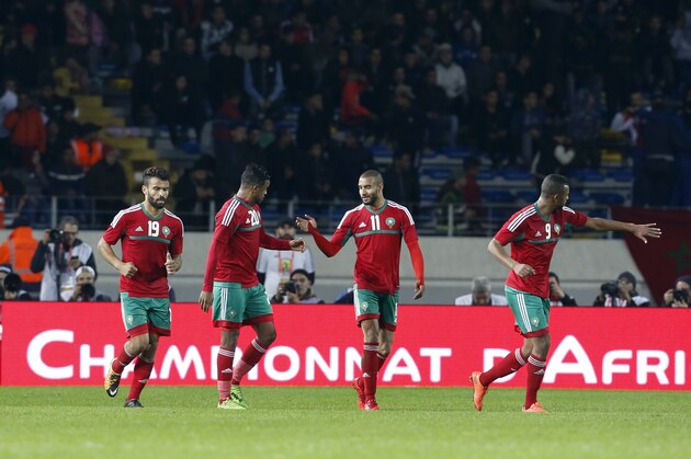 Morocco's team celebrates after scoring against Mauritania during the CHAN (African Nations Championship) opening group A soccer match in Casablanca, Morocco, Saturday, Jan. 13, 2018. (AP Photo/Abdeljalil Bounhar) Morocco's team celebrates after scoring against Mauritania during the CHAN (African Nations Championship) opening group A soccer match in Casablanca, Morocco, Saturday, Jan. 13, 2018. (AP Photo/Abdeljalil Bounhar)