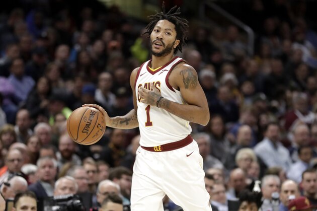 Cleveland Cavaliers' Derrick Rose drives against the Orlando Magic in the first half of an NBA basketball game, Thursday, Jan. 18, 2018, in Cleveland. (AP Photo/Tony Dejak)