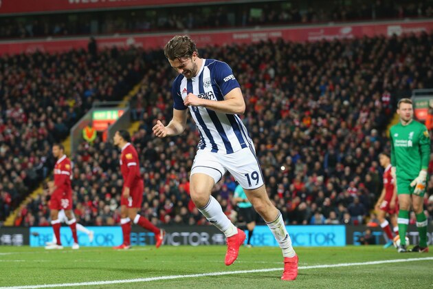 LIVERPOOL, ENGLAND - JANUARY 27: Jay Rodriguez of West Bromwich Albion celebrates after scoring his sides second goal during The Emirates FA Cup Fourth Round match between Liverpool and West Bromwich Albion at Anfield on January 27, 2018 in Liverpool, England. (Photo by Alex Livesey/Getty Images) LIVERPOOL, ENGLAND - JANUARY 27: Jay Rodriguez of West Bromwich Albion celebrates after scoring his sides second goal during The Emirates FA Cup Fourth Round match between Liverpool and West Bromwich Albion at Anfield on January 27, 2018 in Liverpool, England. (Photo by Alex Livesey/Getty Images)