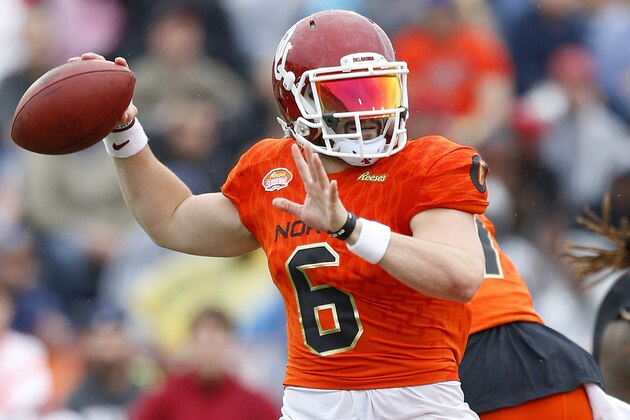 MOBILE, AL - JANUARY 27: Baker Mayfield #6 of the North team throws the ball during the first half of the Reese's Senior Bowl against the the South team at Ladd-Peebles Stadium on January 27, 2018 in Mobile, Alabama.  (Photo by Jonathan Bachman/Getty Images)