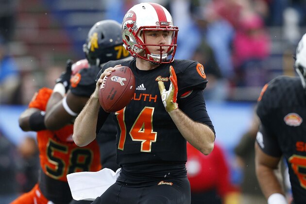 MOBILE, AL - JANUARY 27: Mike White #14 of the South team throws the ball during the first half of the Reese's Senior Bowl against the the North team at Ladd-Peebles Stadium on January 27, 2018 in Mobile, Alabama.  (Photo by Jonathan Bachman/Getty Images)