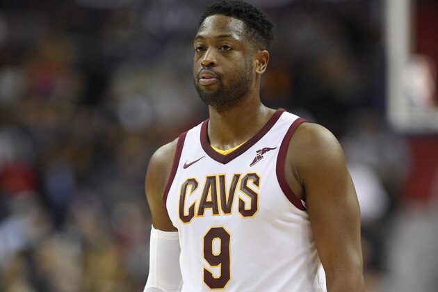 Cleveland Cavaliers guard Dwyane Wade (9) looks on during the first half of an NBA basketball game against the Washington Wizards, Friday, Nov. 3, 2017, in Washington. (AP Photo/Nick Wass)