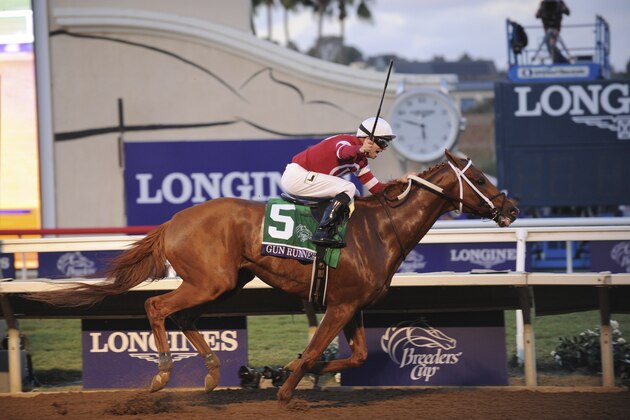 IMAGE DISTRIBUTED FOR LONGINES - Jockey Florent Geroux and Gun Runner cross the finish line to win the Breeders' Cup Classic, Saturday, Nov. 4, 2017, in Del Mar, CA. Longines, the Swiss watch manufacturer known for its elegant timepieces, is the Official Watch and Timekeeper of the Breeders' Cup World Championships and the Triple Crown. (Photo by Diane Bondareff/AP Images for Longines)