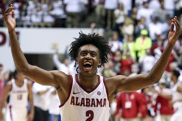 Alabama guard Collin Sexton (2) celebrates a win over Oklahoma in an NCAA college basketball game Saturday, Jan. 27, 2018, in Tuscaloosa, Ala. (AP Photo/Butch Dill)