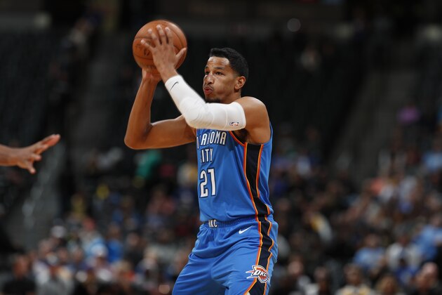 Oklahoma City Thunder guard Andre Roberson (21) in the first half of an NBA preseason basketball game Tuesday, Oct. 10, 2017, in Denver. (AP Photo/David Zalubowski)
