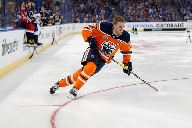 TAMPA, FL - JANUARY 27:  Connor McDavid #97 of the Edmonton Oilers competes in the Enterprise NHL Fastest Skater during the 2018 GEICO NHL All-Star Skills Competition at Amalie Arena on January 27, 2018 in Tampa, Florida.  (Photo by Mike Carlson/Getty Images)