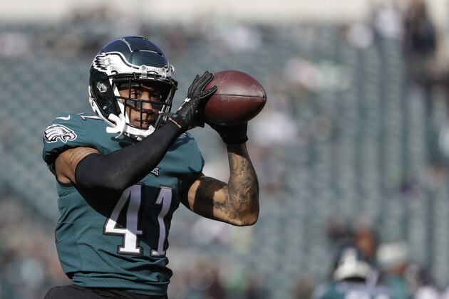 Philadelphia Eagles' Ronald Darby warms up before an NFL football game against the Chicago Bears, Sunday, Nov. 26, 2017, in Philadelphia. (AP Photo/Michael Perez)