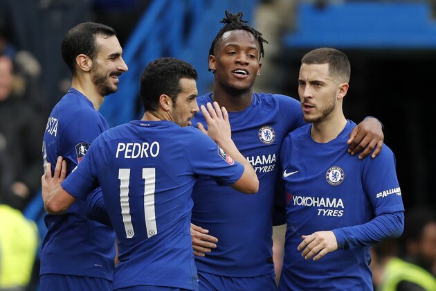 Chelsea's Belgian striker Michy Batshuayi (2nd R) celebrates with teammates after he scores their second goal of the English FA Cup fourth round football match between Chelsea and Newcastle United at Stamford Bridge in London on January 28, 2018. / AFP PHOTO / Adrian DENNIS / RESTRICTED TO EDITORIAL USE. No use with unauthorized audio, video, data, fixture lists, club/league logos or 'live' services. Online in-match use limited to 75 images, no video emulation. No use in betting, games or single club/league/player publications. / (Photo credit should read ADRIAN DENNIS/AFP/Getty Images) Chelsea's Belgian striker Michy Batshuayi (2nd R) celebrates with teammates after he scores their second goal of the English FA Cup fourth round football match between Chelsea and Newcastle United at Stamford Bridge in London on January 28, 2018. / AFP PHOTO / Adrian DENNIS / RESTRICTED TO EDITORIAL USE. No use with unauthorized audio, video, data, fixture lists, club/league logos or 'live' services. Online in-match use limited to 75 images, no video emulation. No use in betting, games or single club/league/player publications. / (Photo credit should read ADRIAN DENNIS/AFP/Getty Images)
