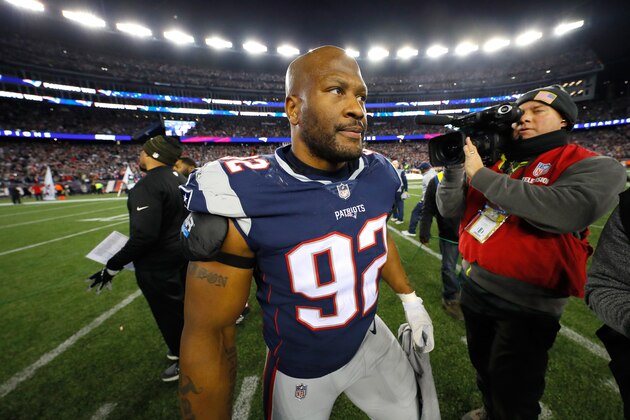 FOXBOROUGH, MA - JANUARY 21: James Harrison #92 of the New England Patriots reacts after the AFC Championship Game against the Jacksonville Jaguars at Gillette Stadium on January 21, 2018 in Foxborough, Massachusetts.  (Photo by Kevin C. Cox/Getty Images)