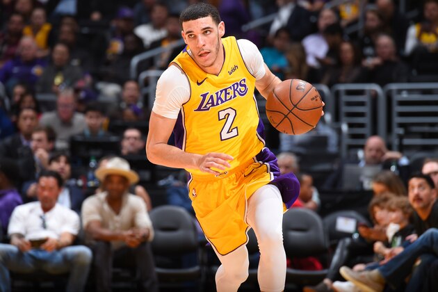 LOS ANGELES, CA - JANUARY 11: Lonzo Ball #2 of the Los Angeles Lakers handles the ball against the San Antonio Spurs on January 11, 2018 at STAPLES Center in Los Angeles, California. NOTE TO USER: User expressly acknowledges and agrees that, by downloading and/or using this photograph, user is consenting to the terms and conditions of the Getty Images License Agreement. Mandatory Copyright Notice: Copyright 2018 NBAE (Photo by Andrew D. Bernstein/NBAE via Getty Images)