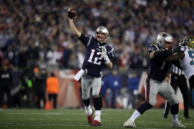New England Patriots quarterback Tom Brady (12) throws against the Jacksonville Jaguars during the second half of the AFC championship NFL football game, Sunday, Jan. 21, 2018, in Foxborough, Mass. (AP Photo/Charles Krupa)