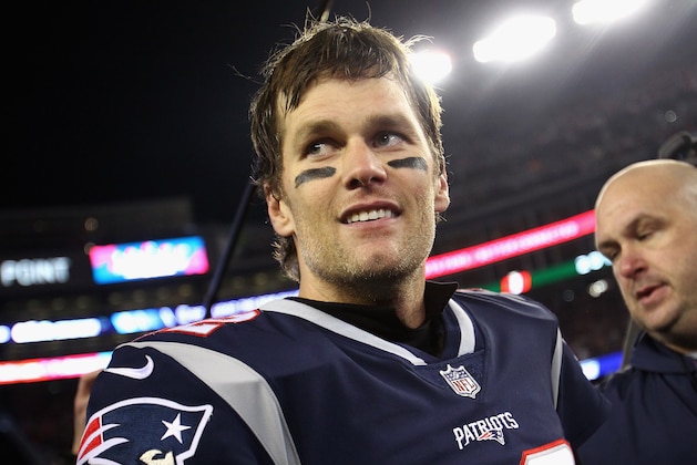 FOXBOROUGH, MA - JANUARY 21:  Tom Brady #12 of the New England Patriots reacts after winning the AFC Championship Game against the Jacksonville Jaguars at Gillette Stadium on January 21, 2018 in Foxborough, Massachusetts.  (Photo by Jim Rogash/Getty Images)