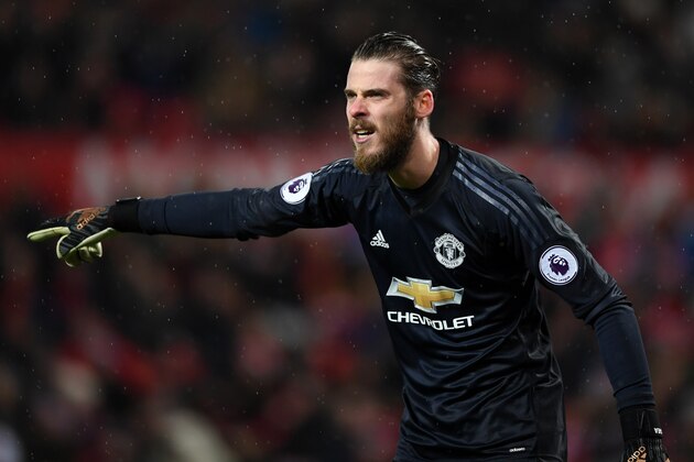 David de Gea of Manchester United during the Premier League match between Manchester United and Stoke City at Old Trafford on January 15, 2018 in Manchester, England.  (Photo by Gareth Copley/Getty Images)