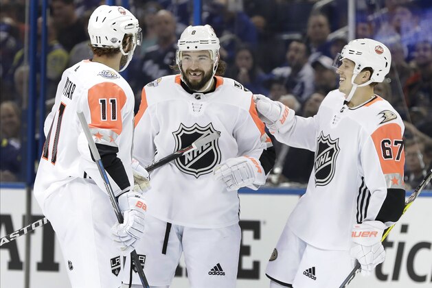 Pacific Division's Drew Doughty, center, of the Los Angeles Kings, is congratulated by Anze Kopitar (11), of the Los Angeles Kings, and Rickard Rakell, of the Anaheim Ducks (67), after scoring during the NHL hockey All-Star game with the Atlantic Division Sunday, Jan. 28, 2018 in Tampa, Fla. (AP Photo/Chris O'Meara)