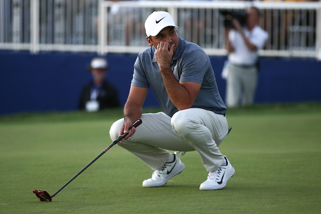 SAN DIEGO, CA - JANUARY 28:  Jason Day of Australia reacts after missing a putt on the 17th green on the fourth playoff hole during the final round of the Farmers Insurance Open at Torrey Pines South  on January 28, 2018 in San Diego, California.  (Photo by Sean M. Haffey/Getty Images)