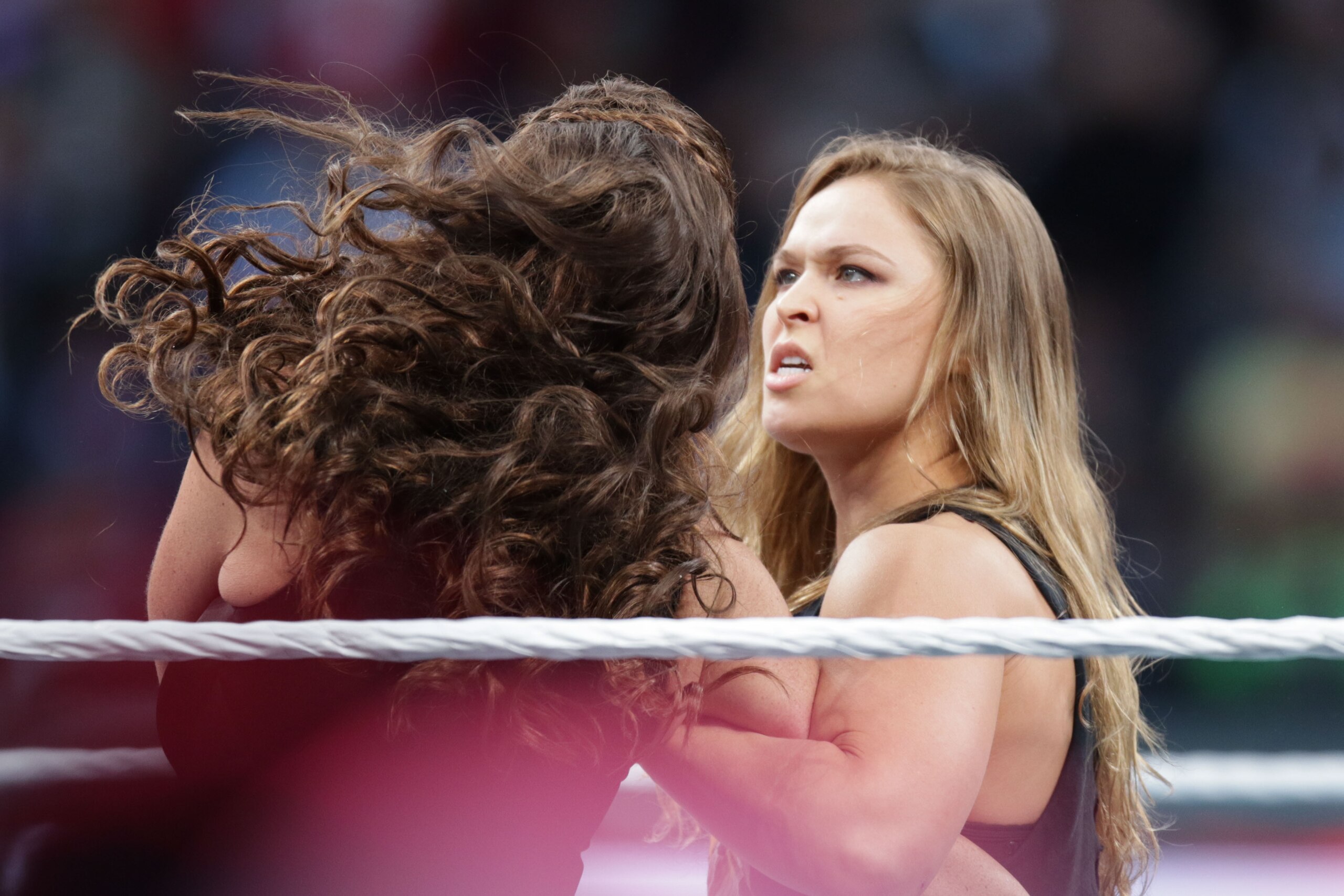 IMAGE DISTRIBUTED FOR WWE - UFC fighter Ronda Rousey makes a surprise appearance at WrestleMania 31 on Sunday, March 29, 2015 at Levi's Stadium in Santa Clara, CA. WrestleMania broke the Levi’s Stadium attendance record at 76,976 fans from all 50 states and 40 countries. (Don Feria/AP Images for WWE)