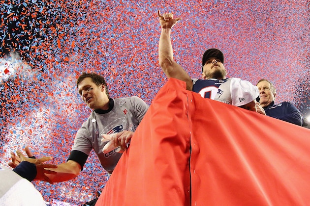 FOXBOROUGH, MA - JANUARY 21:  Tom Brady #12, Danny Amendola #80, and head coach Bill Belichick of the New England Patriots celebrate after winning the AFC Championship Game against the Jacksonville Jaguars at Gillette Stadium on January 21, 2018 in Foxborough, Massachusetts.  (Photo by Maddie Meyer/Getty Images)