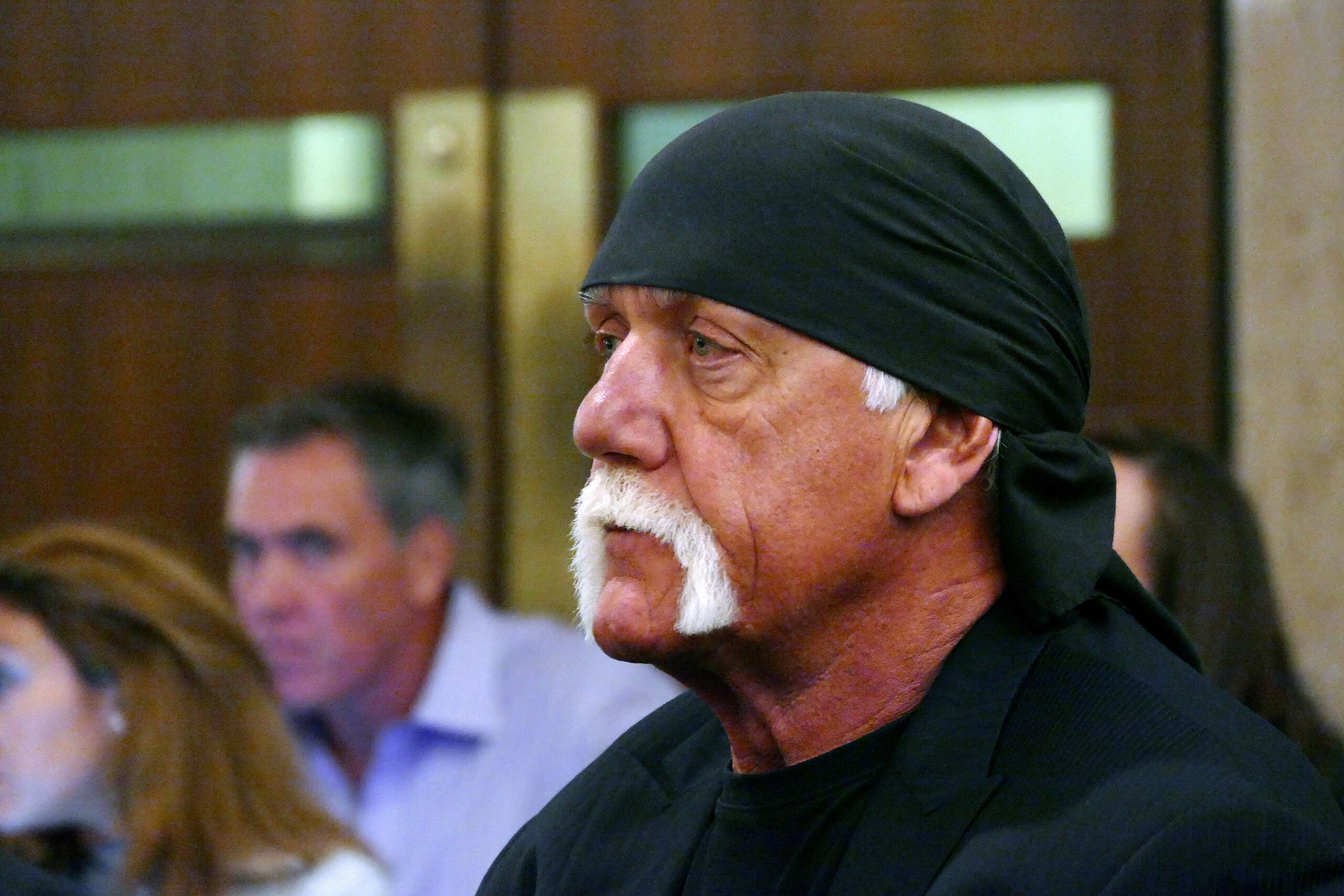 Hulk Hogan, whose real name is Terry Bollea, appears in court, Wednesday, May 25, 2016, in St. Petersburg, Fla. A Florida judge on Wednesday denied Gawker's motion for a new trial in Hogan's sex-video case and won't reduce a $140 million jury verdict. (Scott Keeler/The Tampa Bay Times via AP, Pool)