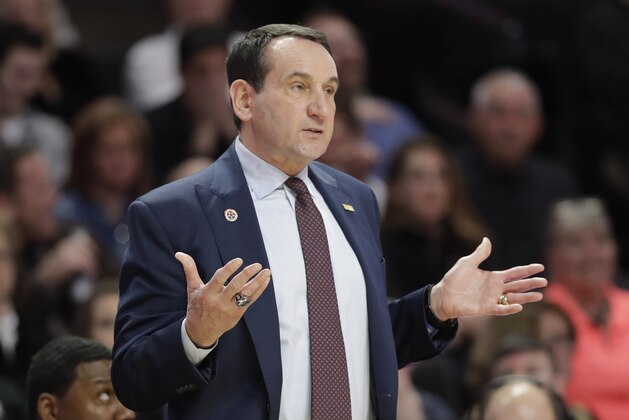 Duke head coach Mike Krzyzewski argues a call during the first half of an NCAA basketball game against Wake Forest in Winston-Salem, N.C., Tuesday, Jan. 23, 2018. (AP Photo/Chuck Burton)