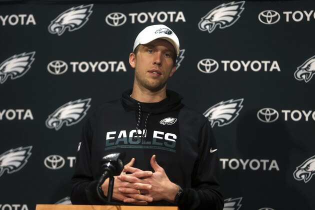 Philadelphia Eagles' Nick Foles answers a reporter's question at a news conference Wednesday Jan.24, 2018 in Philadelphia. The Eagles face the New England Patriots in Super Bowl 52. (AP Photo/Jacqueline Larma)