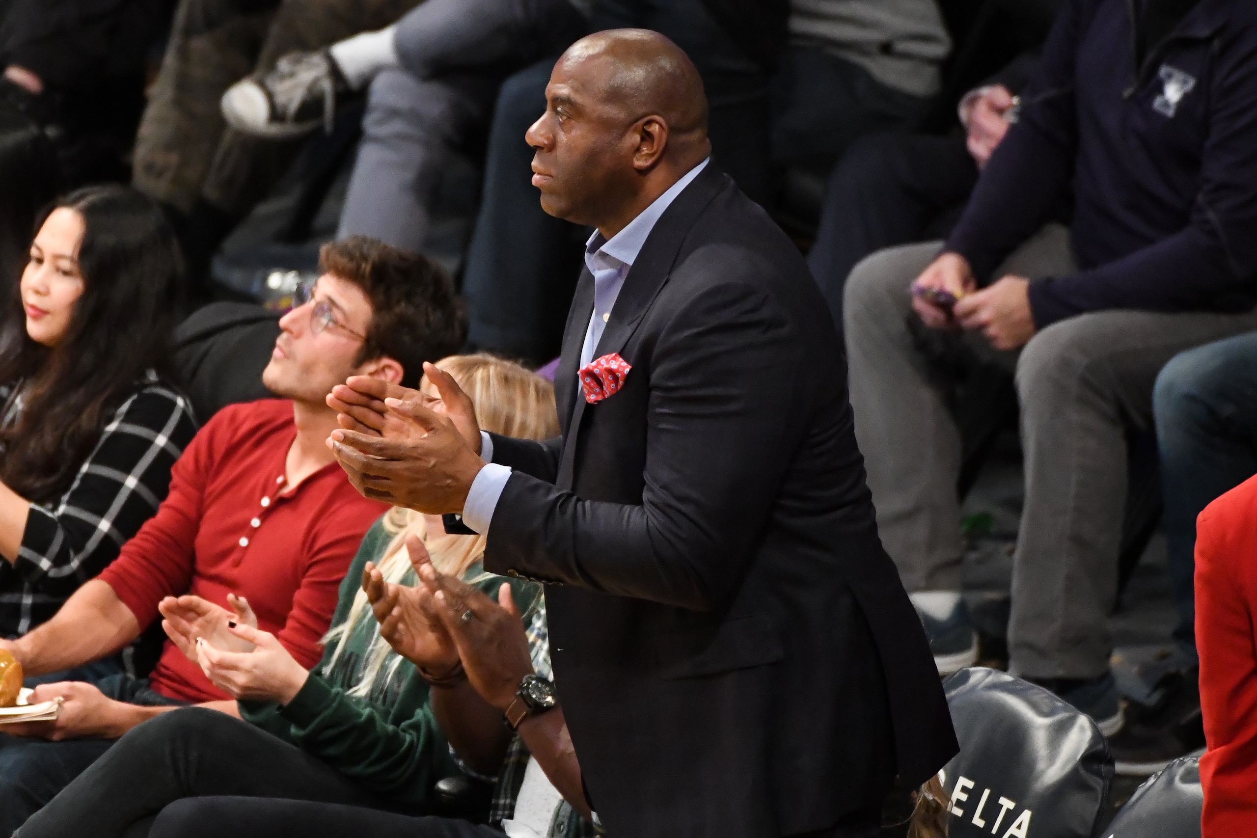 LOS ANGELES, CA - JANUARY 09: Magic Johnson attends a basketball game between the Los Angeles Lakers and the Sacramento Kings at Staples Center on January 9, 2018 in Los Angeles, California.  (Photo by Allen Berezovsky/Getty Images)