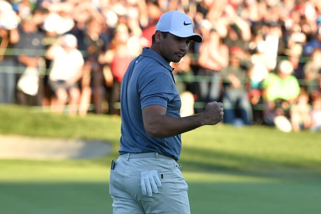 SAN DIEGO, CA - JANUARY 28:   Jason Day of Australia reacts after a putt during the first playoff on the 18th hole during the final round of the Farmers Insurance Open at Torrey Pines South  on January 28, 2018 in San Diego, California.  (Photo by Donald Miralle/Getty Images)