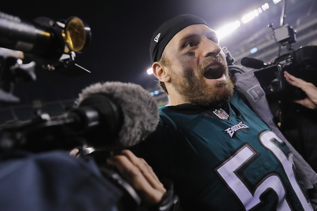 PHILADELPHIA, PA - JANUARY 21:  Chris Long #56 of the Philadelphia Eagles walks of the field after his teams win over the Minnesota Vikings in the NFC Championship game at Lincoln Financial Field on January 21, 2018 in Philadelphia, Pennsylvania. The Philadelphia Eagles defeated the Minnesota Vikings 38-7.  (Photo by Abbie Parr/Getty Images)