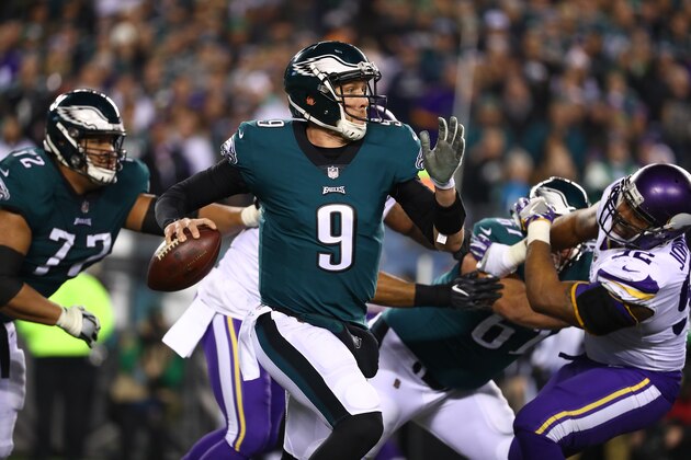 PHILADELPHIA, PA - JANUARY 21:  Nick Foles #9 of the Philadelphia Eagles in action against the Minnesota Vikings during their NFC Championship game at Lincoln Financial Field on January 21, 2018 in Philadelphia, Pennsylvania.  (Photo by Al Bello/Getty Images)
