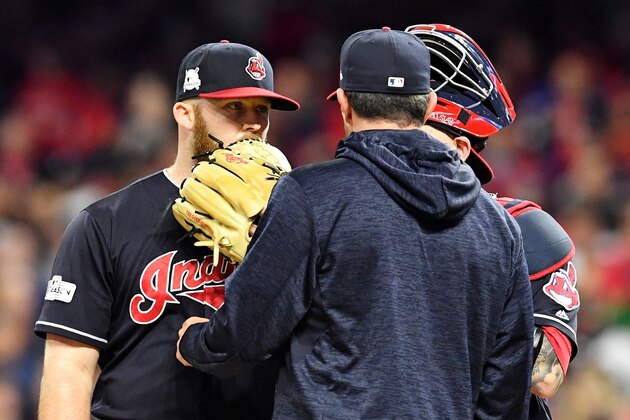 CLEVELAND, OH - OCTOBER 11:  Cody Allen #37 talks to pitching coach Mickey Callaway #13 of the Cleveland Indians on the mound in the ninth inning against the New York Yankees in Game Five of the American League Divisional Series at Progressive Field on October 11, 2017 in Cleveland, Ohio.  (Photo by Jason Miller/Getty Images)