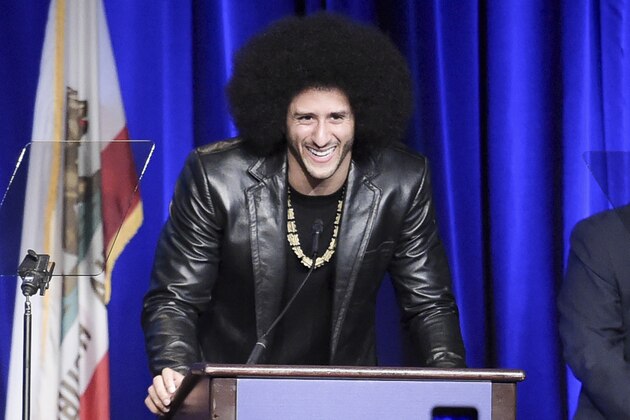 FILE - In this Dec. 3, 2017, file photo, Colin Kaepernick attends the 2017 ACLU SoCal's Bill of Rights Dinner at the Beverly Wilshire Hotel in Beverly Hills, Calif. A visit by former San Francisco 49ers quarterback Colin Kaepernick to New York's Rikers Island jail facility has drawn a rebuke from the union representing city correction officers. The head of the Correction Officers Benevolent Association tells the Daily News that Kaepernick's presence at Rikers on Tuesday, Dec. 12, 2017, will encourage inmates to attack jail guards. (Photo by Richard Shotwell/Invision/AP, File)