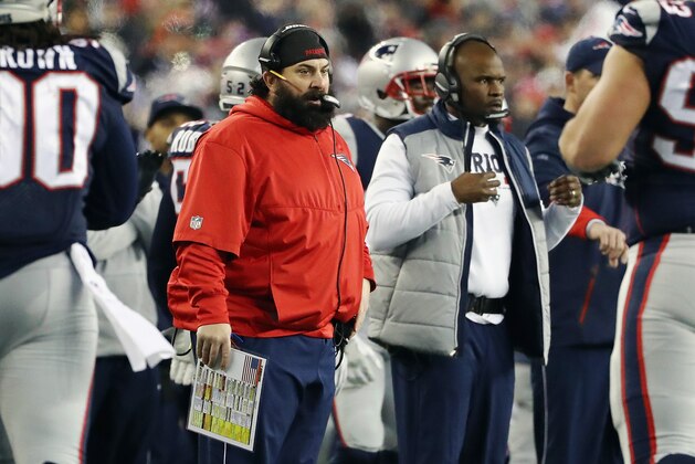 FOXBOROUGH, MA - JANUARY 21: Defensive Coordinator Matt Patricia of the New England Patriots  reacts in the second half during the AFC Championship Game against the Jacksonville Jaguars at Gillette Stadium on January 21, 2018 in Foxborough, Massachusetts.  (Photo by Elsa/Getty Images)
