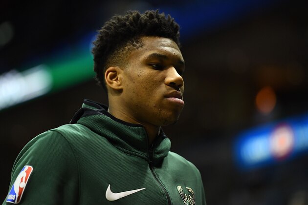 MILWAUKEE, WI - JANUARY 17:  Giannis Antetokounmpo #34 of the Milwaukee Bucks waits for player introductions prior to a game against the Miami Heat at the Bradley Center on January 17, 2018 in Milwaukee, Wisconsin.  NOTE TO USER: User expressly acknowledges and agrees that, by downloading and or using this photograph, User is consenting to the terms and conditions of the Getty Images License Agreement.  (Photo by Stacy Revere/Getty Images)