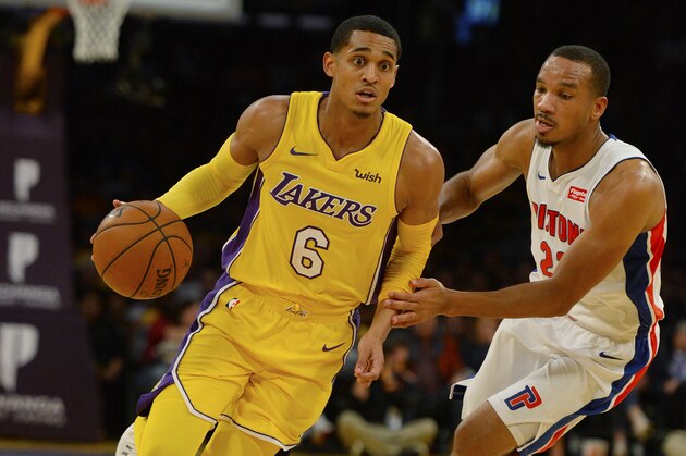 LOS ANGELES, CA - OCTOBER 31:  Jordan Clarkson #6 of the Los Angeles Lakers plays against Avery Bradley #22 of the Detroit Pistons on October 31, 2017 at STAPLES Center in Los Angeles, California. NOTE TO USER: User expressly acknowledges and agrees that, by downloading and or using this photograph, User is consenting to the terms and conditions of the Getty Images License Agreement.  (Photo by Robert Laberge/Getty Images)