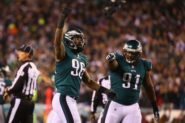 PHILADELPHIA, PA - JANUARY 21: Derek Barnett #96 and Fletcher Cox #91 of the Philadelphia Eagles celebrate the play during the second quarter against the Minnesota Vikings in the NFC Championship game at Lincoln Financial Field on January 21, 2018 in Philadelphia, Pennsylvania.  (Photo by Mitchell Leff/Getty Images)