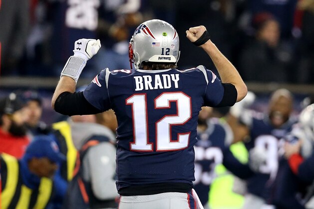 FOXBOROUGH, MA - JANUARY 21: Tom Brady #12 of the New England Patriots reacts in the fourth quarter  during the AFC Championship Game against the Jacksonville Jaguars at Gillette Stadium on January 21, 2018 in Foxborough, Massachusetts.  (Photo by Adam Glanzman/Getty Images)