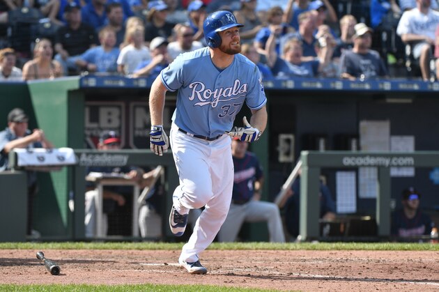 KANSAS CITY, MO - SEPTEMBER 10: Brandon Moss #37 of the Kansas City Royals runs to first after hitting a home run against the Minnesota Twins at Kauffman Stadium on September 10, 2017 in Kansas City, Missouri. (Photo by Ed Zurga/Getty Images)