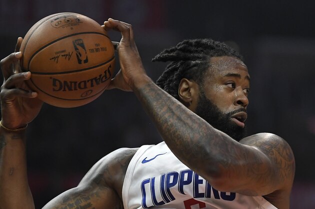 Los Angeles Clippers center DeAndre Jordan grabs a rebound during the first half of a basketball game against the Atlanta Hawks, Monday, Jan. 8, 2018, in Los Angeles. (AP Photo/Mark J. Terrill)
