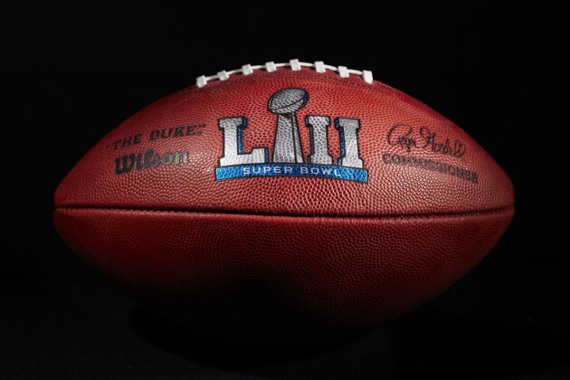 An official ball for the NFL Super Bowl LII football game from the Wilson Sporting Goods Co. in Ada, Ohio, Monday, Jan. 22, 2018. The New England Patriots will play the Philadelphia Eagles in the Super Bowl on Feb. 4, in Minneapolis, MN. (AP Photo/Rick Osentoski)