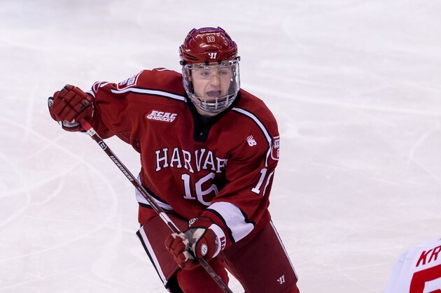 BOSTON, MA - FEBRUARY 13: Ryan Donato #16 of the Harvard Crimson skates against the Boston University Terriers during NCAA hockey in the championship game of the annual Beanpot Hockey Tournament at TD Garden on February 13, 2017 in Boston, Massachusetts. The Crimson won the game 6-3 and captured its first Beanpot Championship since 1993. (Photo by Richard T Gagnon/Getty Images)
