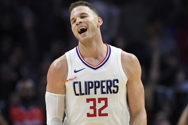 Los Angeles Clippers forward Blake Griffin celebrates after they scored late in the fourth quarter of an NBA basketball game against the Denver Nuggets, Wednesday, Jan. 17, 2018, in Los Angeles. The Clippers won 109-104. (AP Photo/Mark J. Terrill)