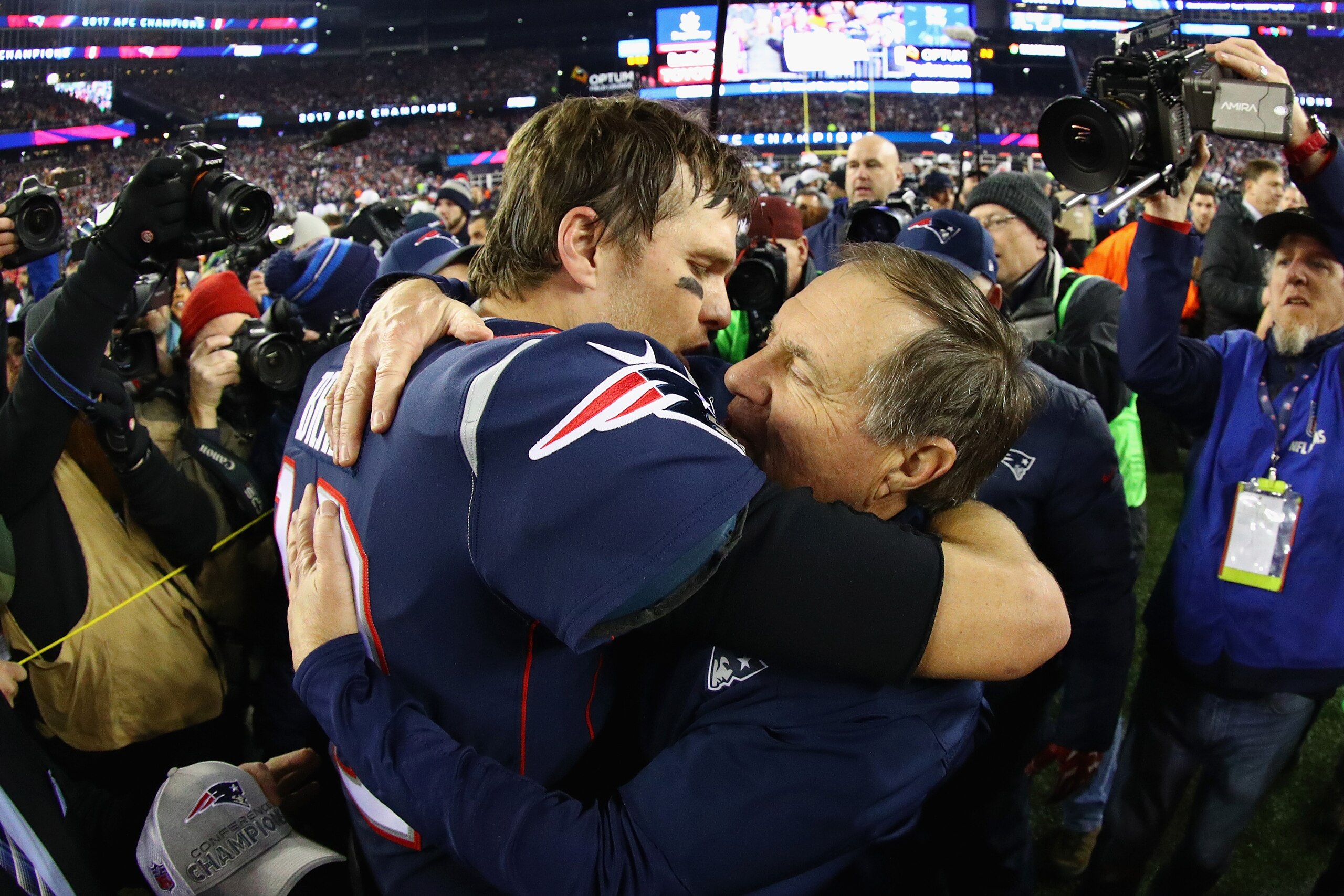 FOXBOROUGH, MA - JANUARY 21: Tom Brady #12 of the New England Patriots celebrates with head coach Bill Belichick after winning the AFC Championship Game against the Jacksonville Jaguars at Gillette Stadium on January 21, 2018 in Foxborough, Massachusetts. (Photo by Maddie Meyer/Getty Images) FOXBOROUGH, MA - JANUARY 21: Tom Brady #12 of the New England Patriots celebrates with head coach Bill Belichick after winning the AFC Championship Game against the Jacksonville Jaguars at Gillette Stadium on January 21, 2018 in Foxborough, Massachusetts. (Photo by Maddie Meyer/Getty Images)