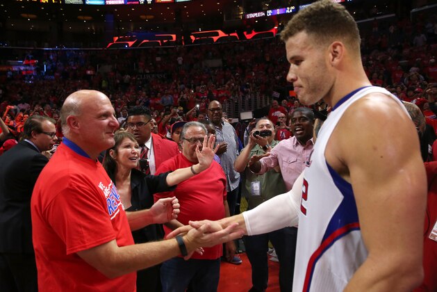 LOS ANGELES, CA - MAY 02:  Owner Steve Ballmer of the Los Angeles Clippers greets Blake Griffin #32 after the Clippers defeated the San Antonio Spurs in Game Seven of the Western Conference quarterfinals of the 2015 NBA Playoffs at Staples Center on May 2, 2015 in Los Angeles, California.  The Clippers won 111-109 to win the series four games to three.  NOTE TO USER: User expressly acknowledges and agrees that, by downloading and or using this photograph, User is consenting to the terms and conditions of the Getty Images License Agreement.  (Photo by Stephen Dunn/Getty Images)